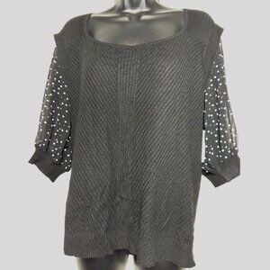 89th & Madison Black Knit Blouse with Sheer Polka Dot Sleeves NWT Size L